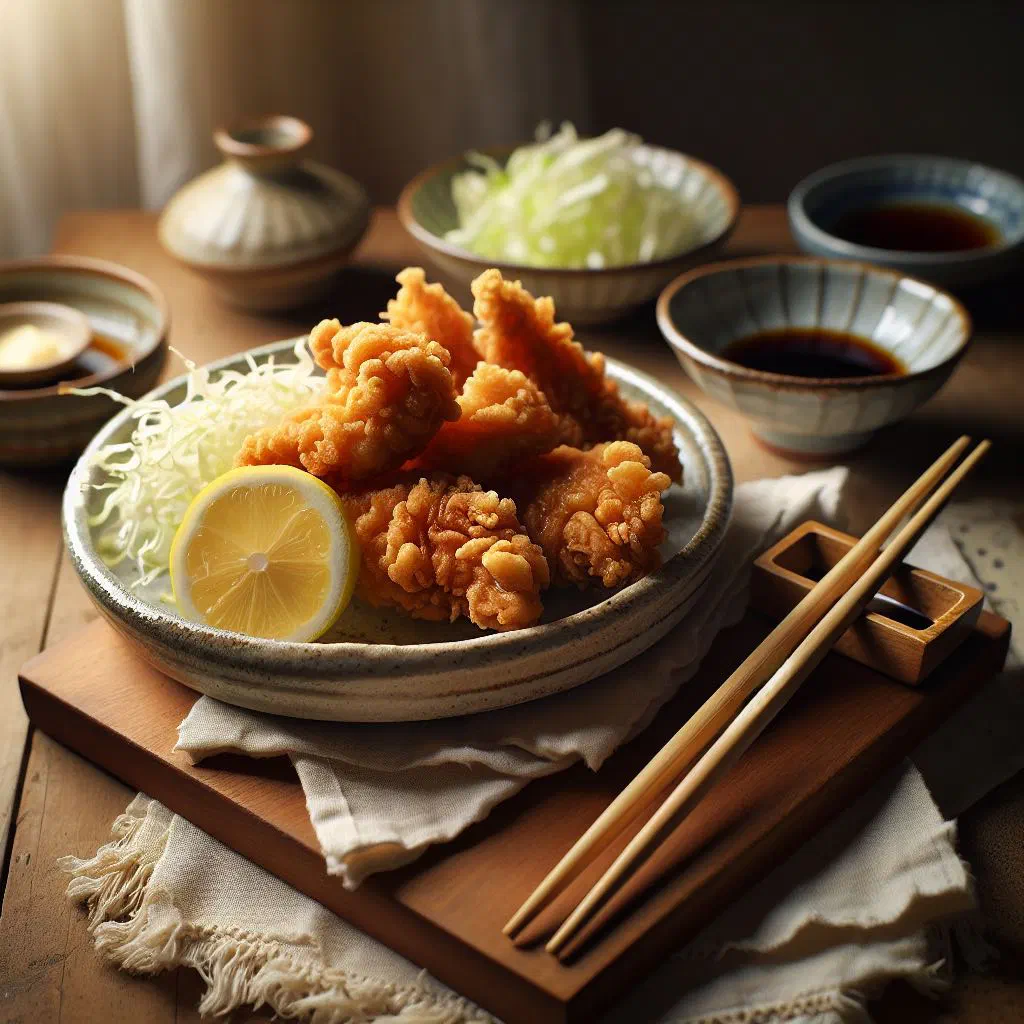 Golden, crispy pieces of Japanese fried chicken with a wedge of lemon