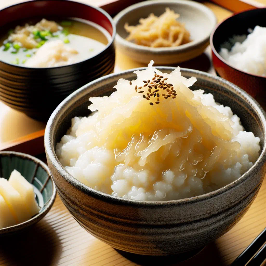 A bowl of warm rice topped with creamy grated yamaimo and a drizzle of soy sauce