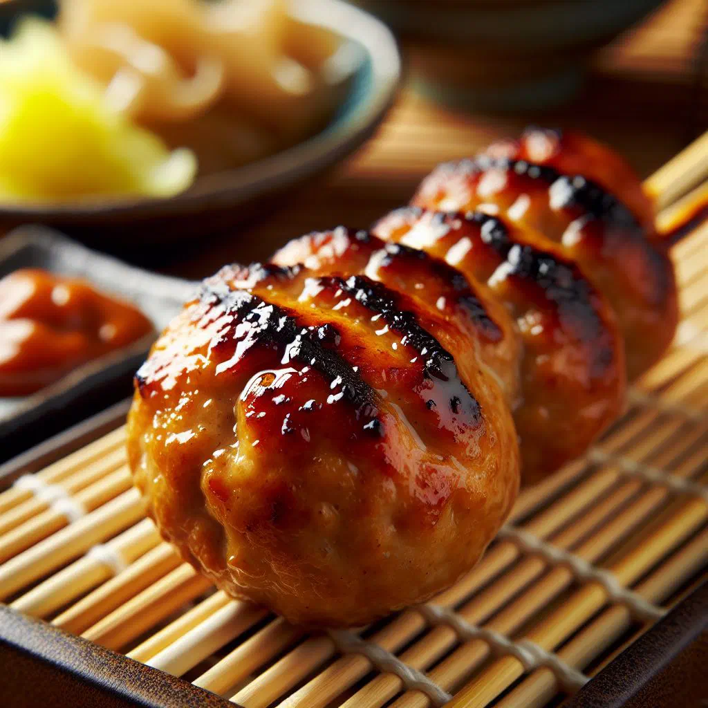 Grilled tsukune chicken meatball skewers glazed with soy sauce