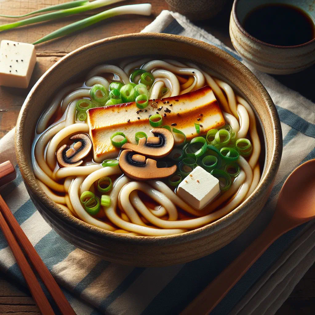 A bowl of udon noodles in hot dashi broth topped with sliced spring onions