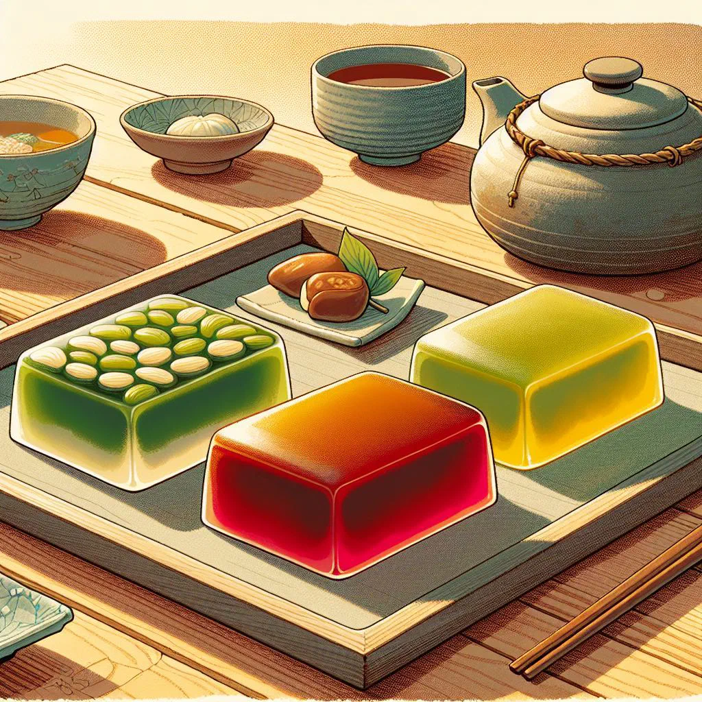 Colourful steamed uiro rice cakes sliced into neat squares