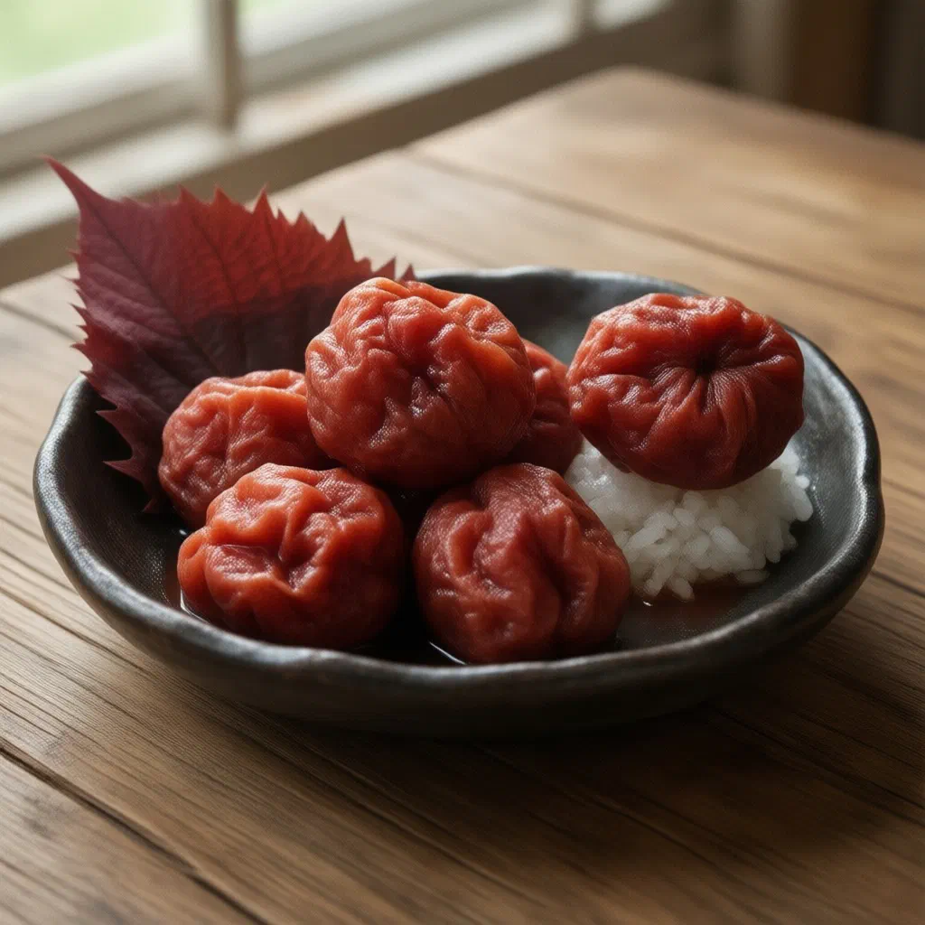 Salty pickled umeboshi plums in a small Japanese dish