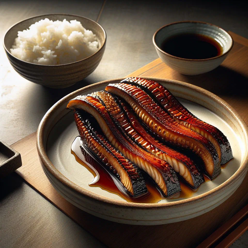 Glazed grilled unagi eel sliced over a bowl of steamed rice