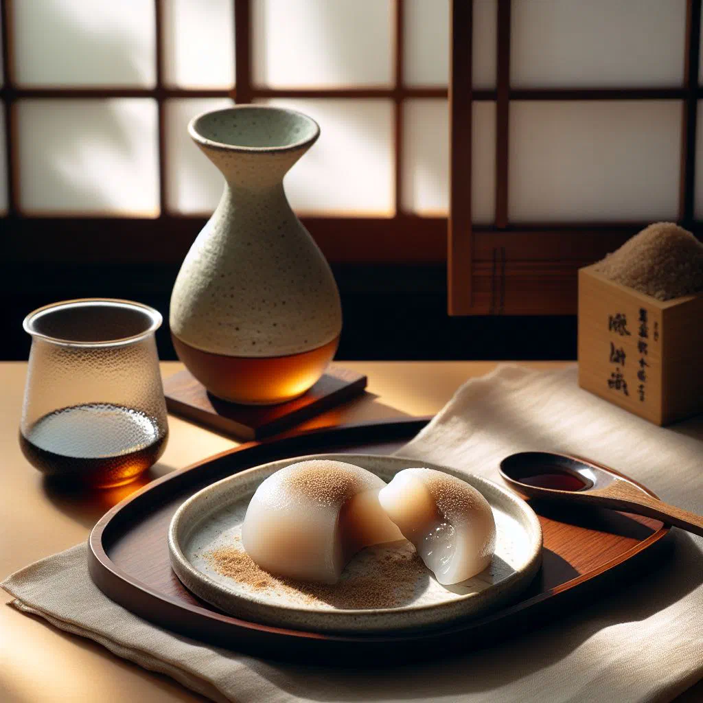 Soft warabi mochi cubes dusted with roasted soybean flour