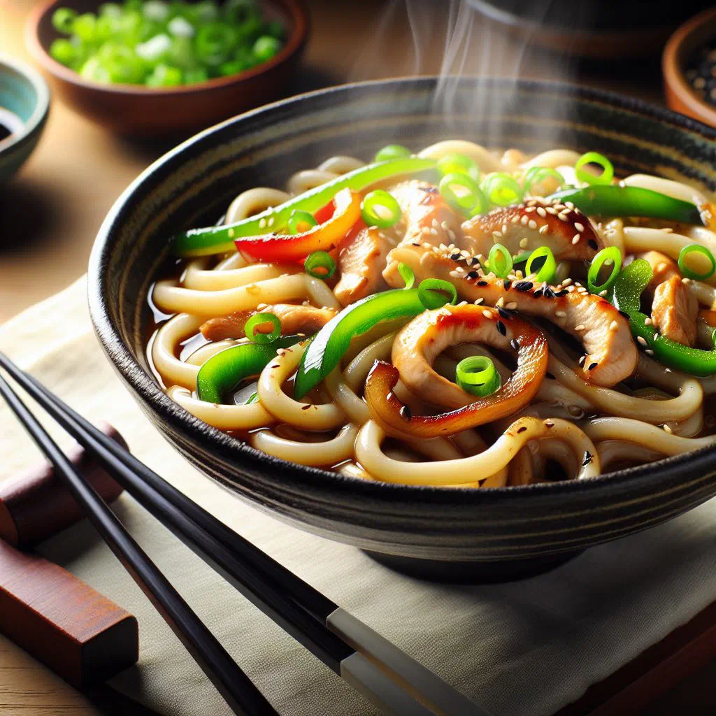 Stir-fried yaki udon noodles with vegetables and spring onions in a pan