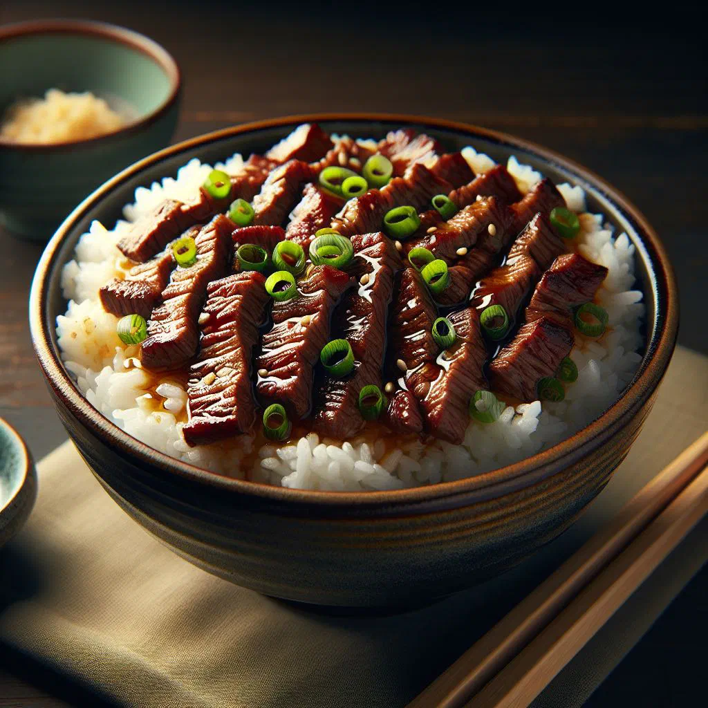 Yakiniku don with grilled beef and vegetables over steamed rice