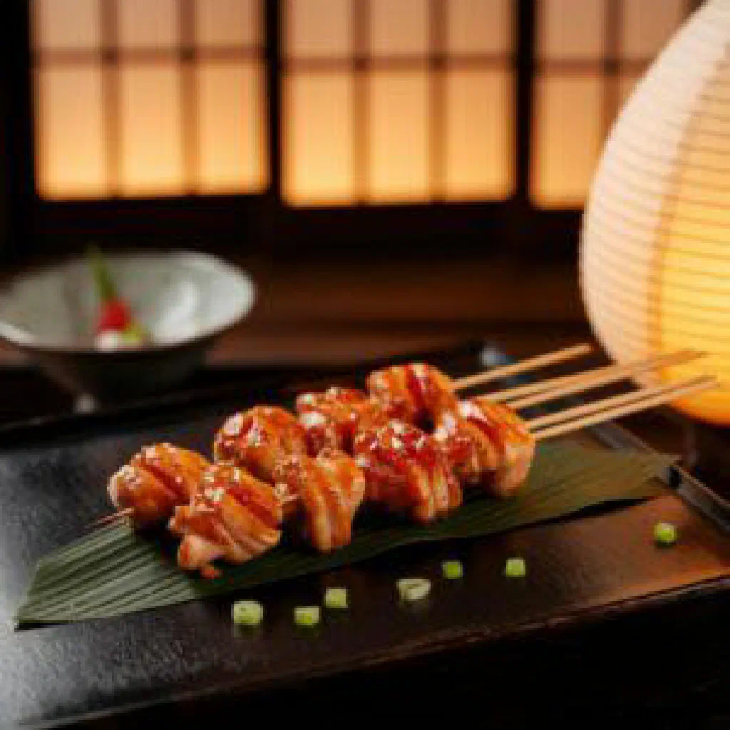 Grilled yakitori chicken skewers glazed with soy sauce