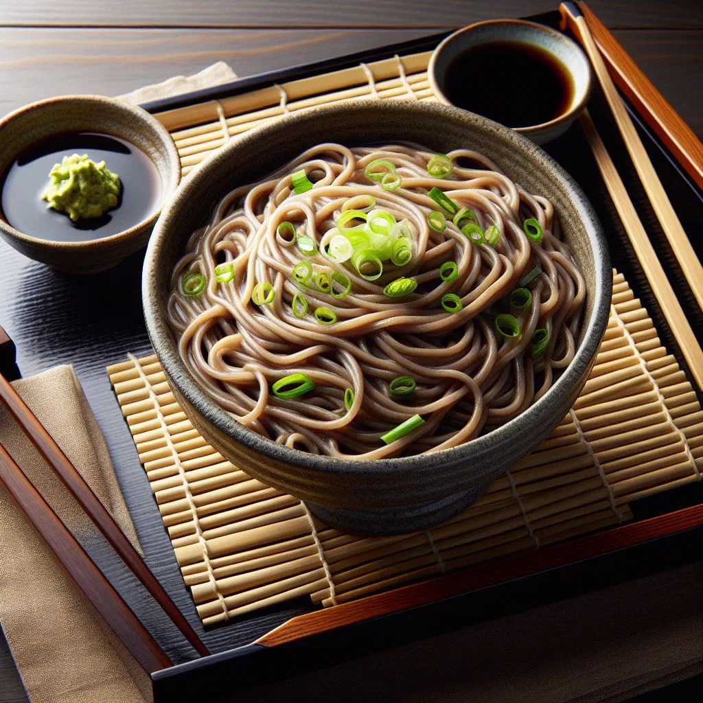 Chilled zaru soba on a bamboo tray with dipping sauce and spring onions