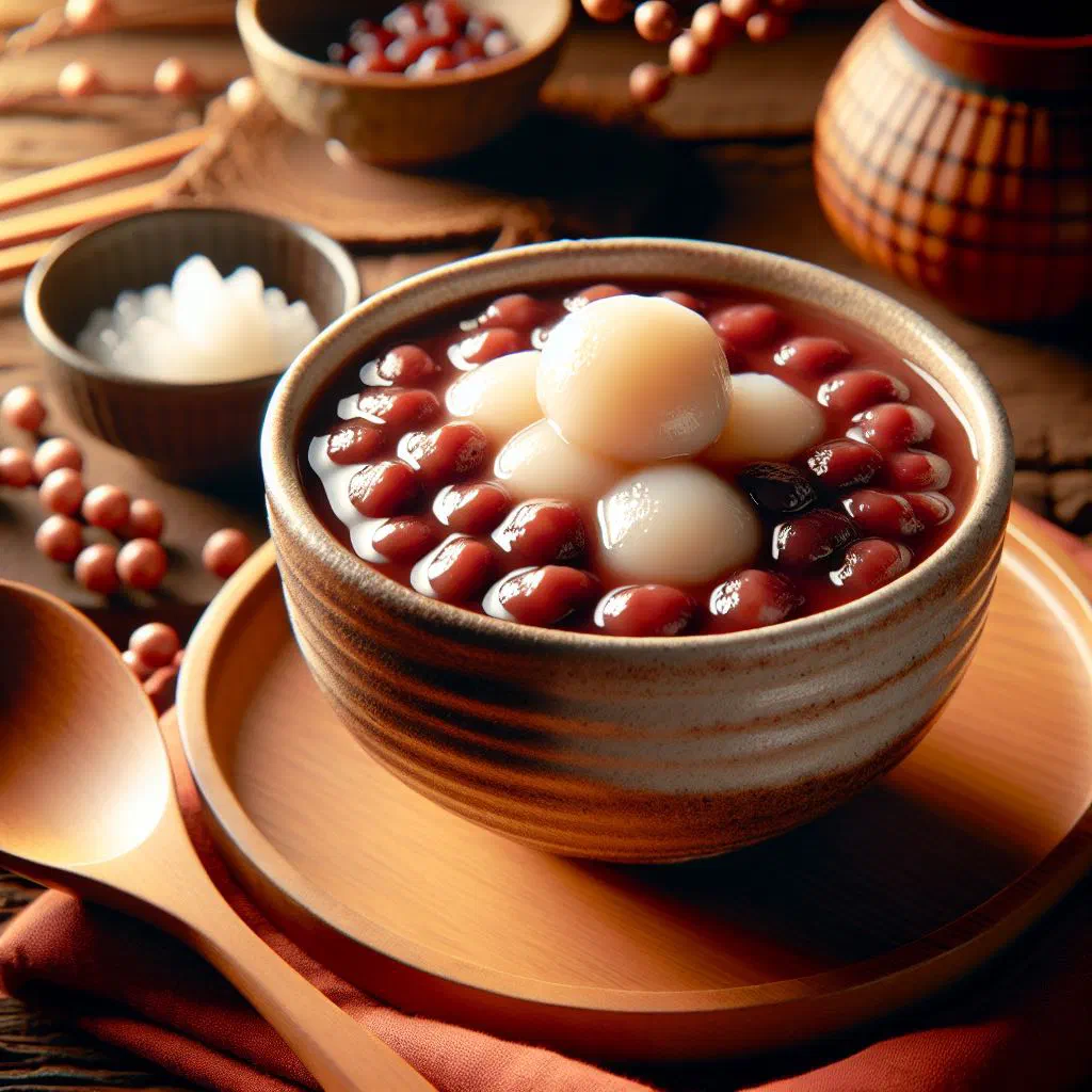 A bowl of zenzai with sweet red bean soup and a piece of mochi