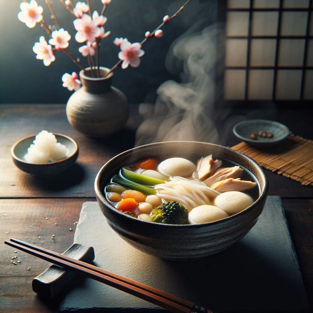 Bowl of Japanese zōni soup with mochi, carrot and shiitake in dashi broth