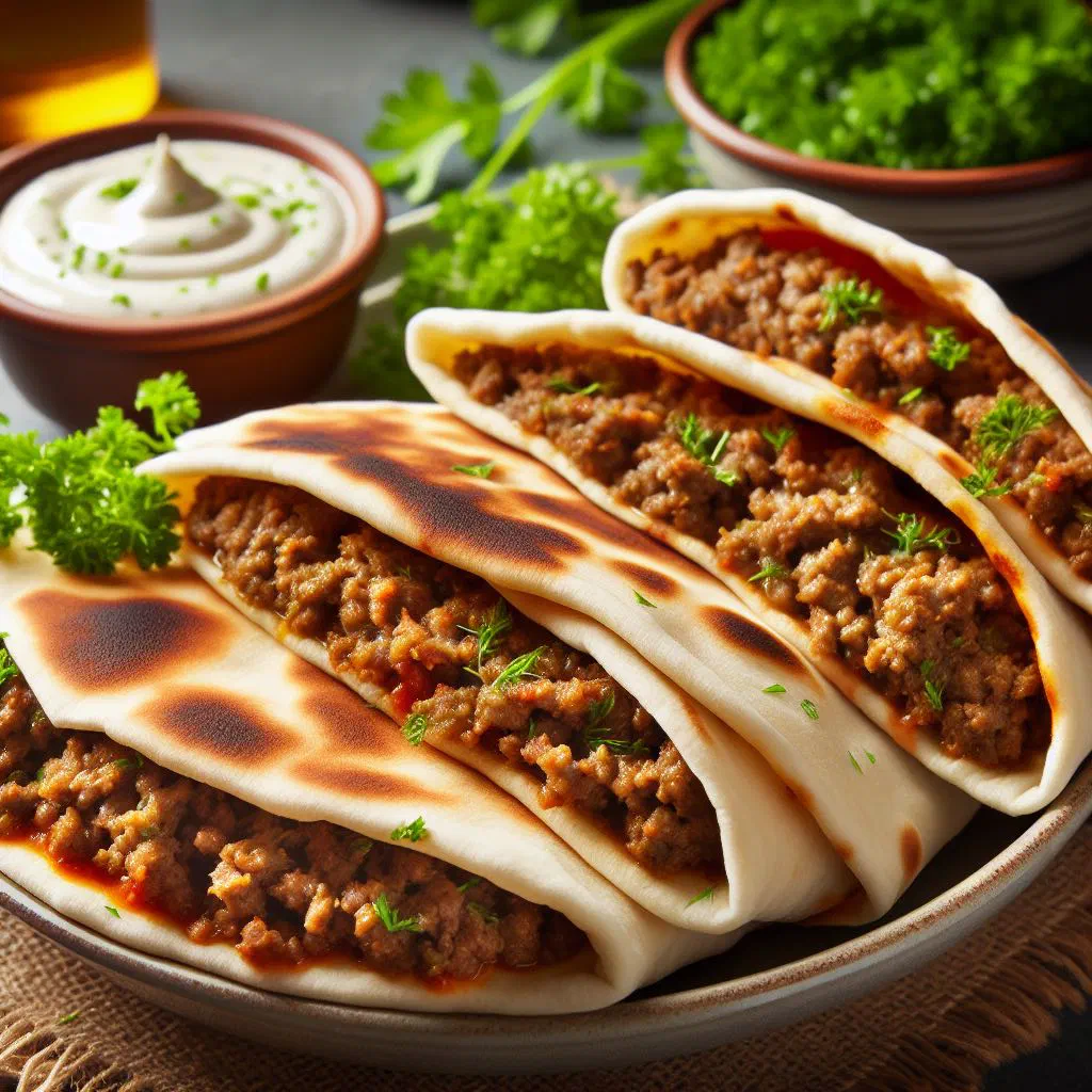 Grilled Arayes pita sandwiches filled with spiced minced meat, garnished with fresh herbs