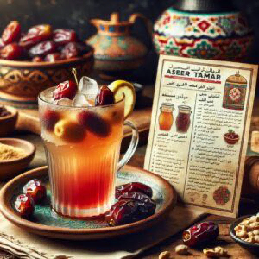 A glass of thick Jordanian date juice with ice and a dusting of cinnamon