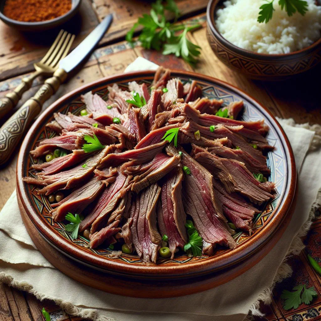 Slow-cooked spiced Awarma lamb served with fresh vegetables and crusty bread