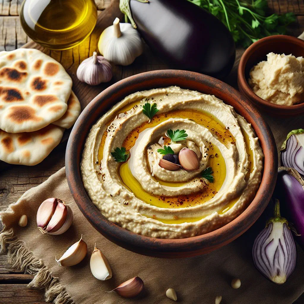 Creamy baba ganoush drizzled with olive oil and garnished with herbs