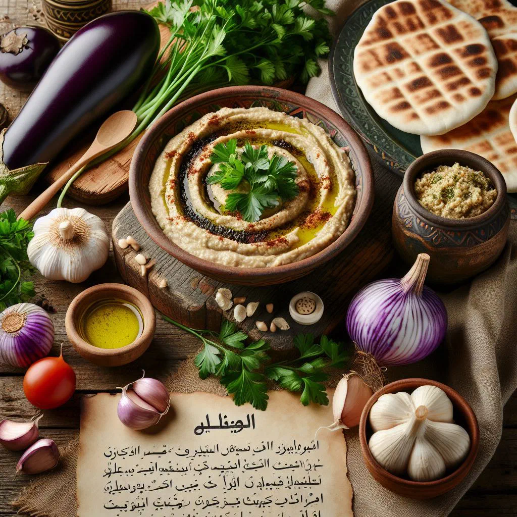 Creamy babaghanoush aubergine dip drizzled with olive oil and fresh herbs