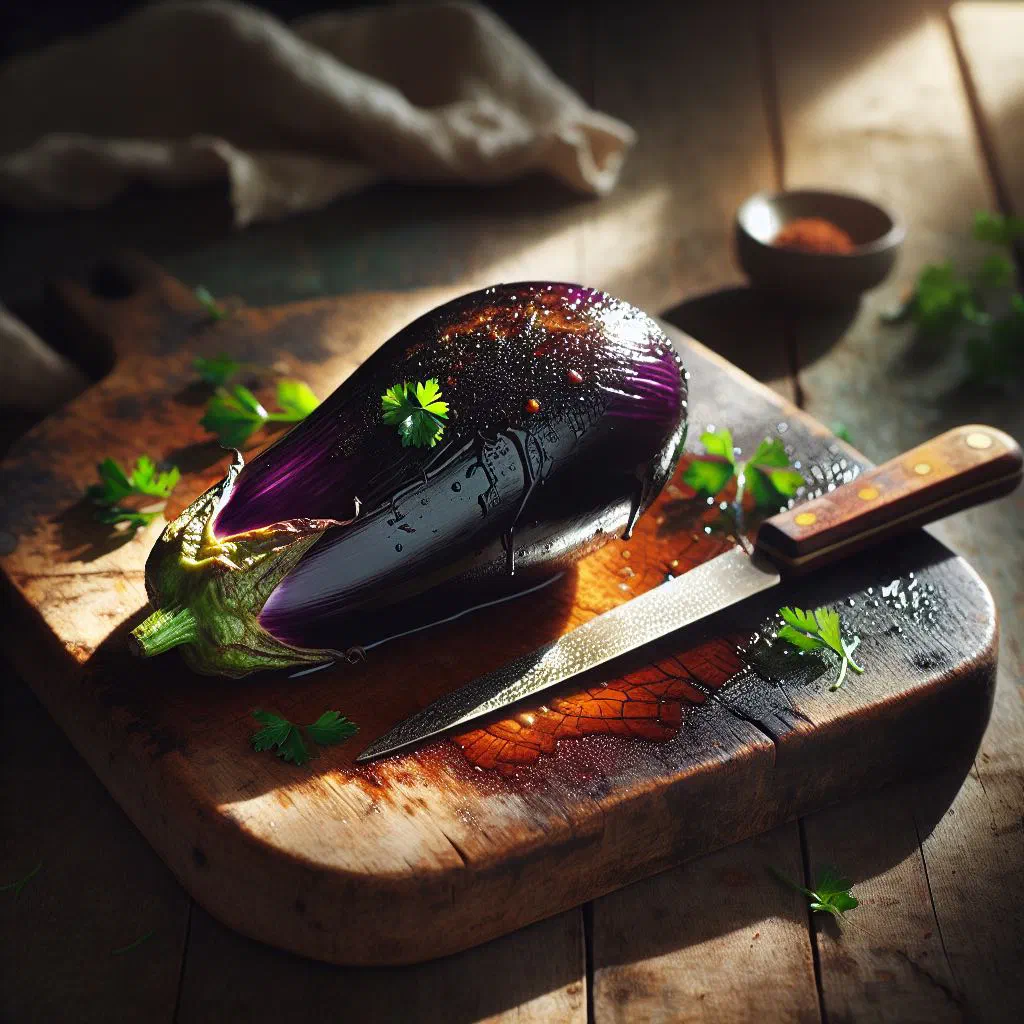Halved baked aubergines with spiced minced meat filling and yoghurt