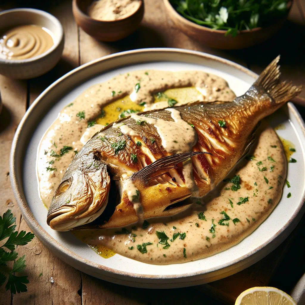 Baked fish topped with creamy tahini sauce and fresh herbs