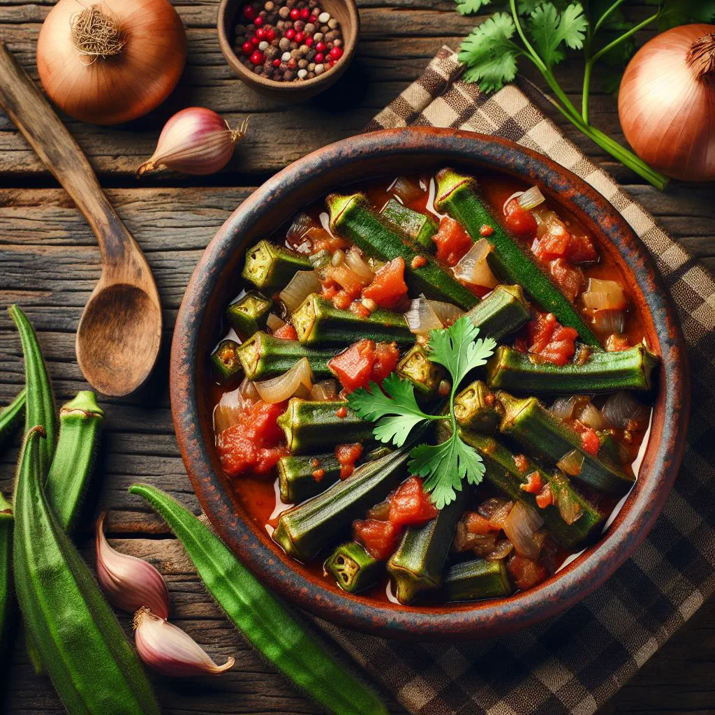 Bamia okra and beef stew in a rich tomato sauce with fresh coriander