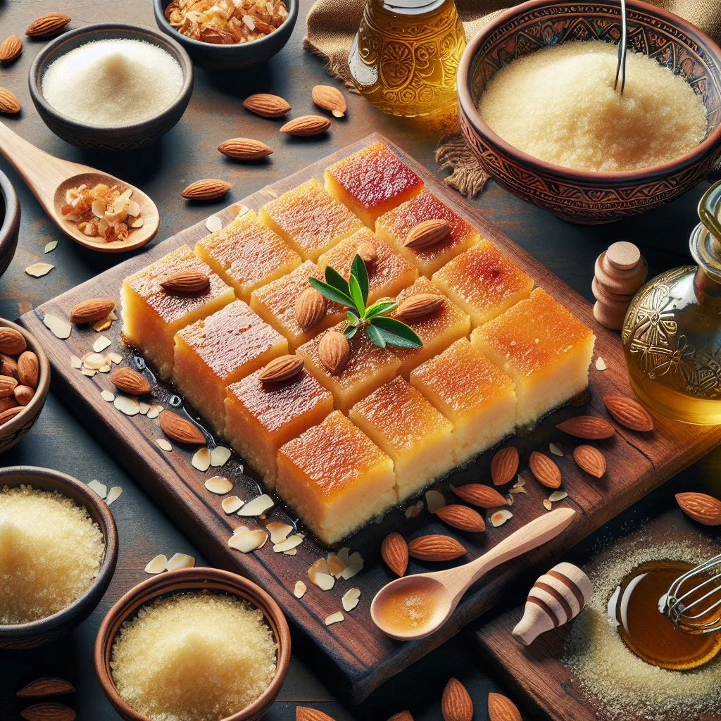 Golden basbousa semolina cake soaked in syrup and topped with almonds
