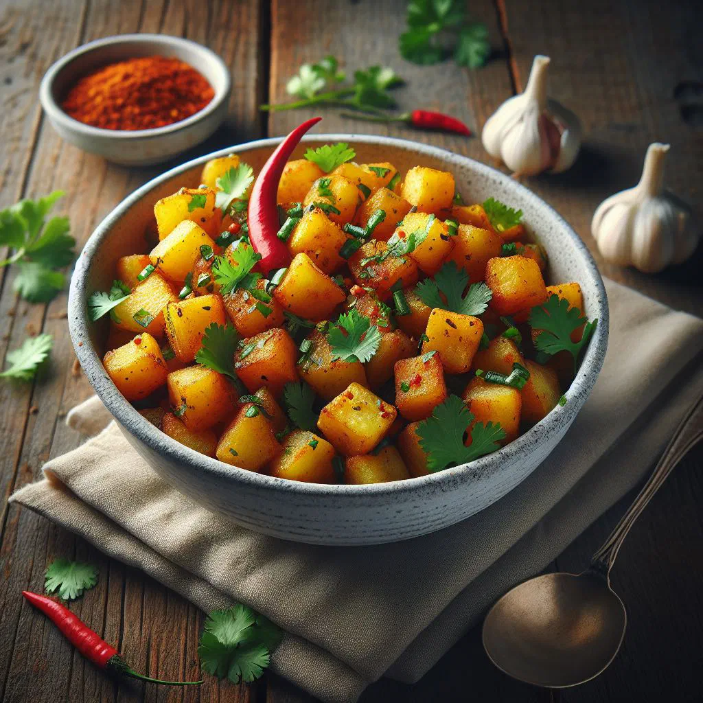 Crispy spiced potatoes tossed with garlic, coriander and chilli