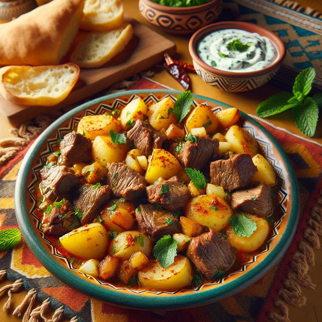 Batata Ma'a Lahme with spiced potatoes and minced meat garnished with parsley