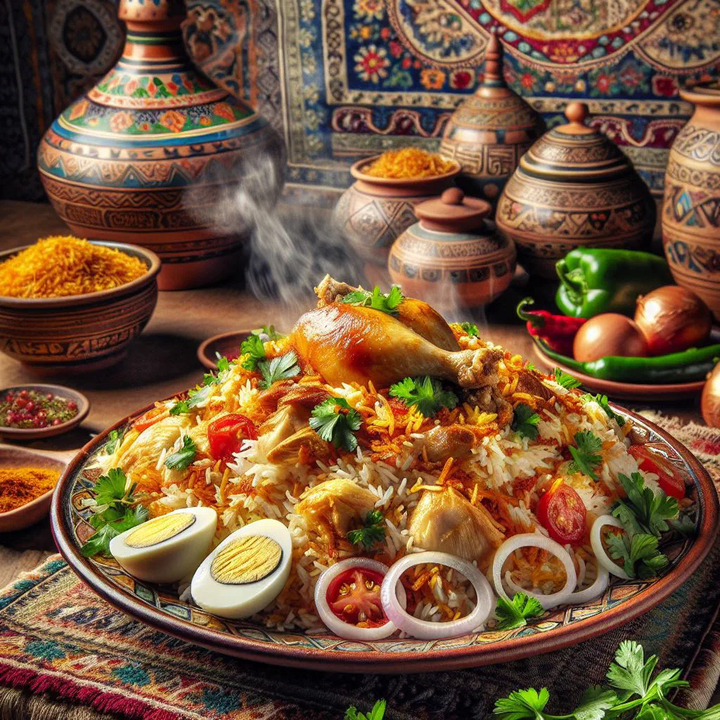 Spiced Jordanian biryani rice with tender meat and fresh herbs