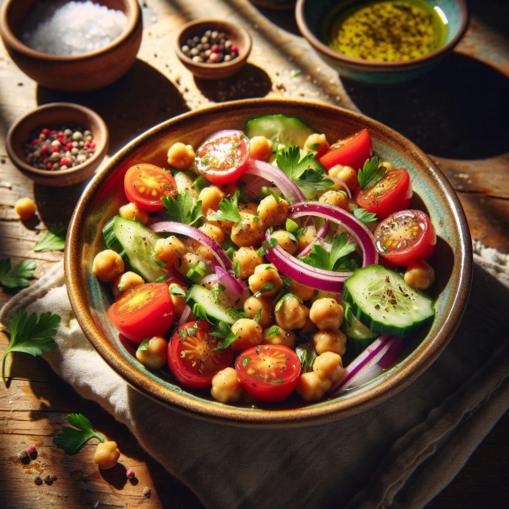 Fresh chickpea salad with tomato, cucumber, onion and parsley