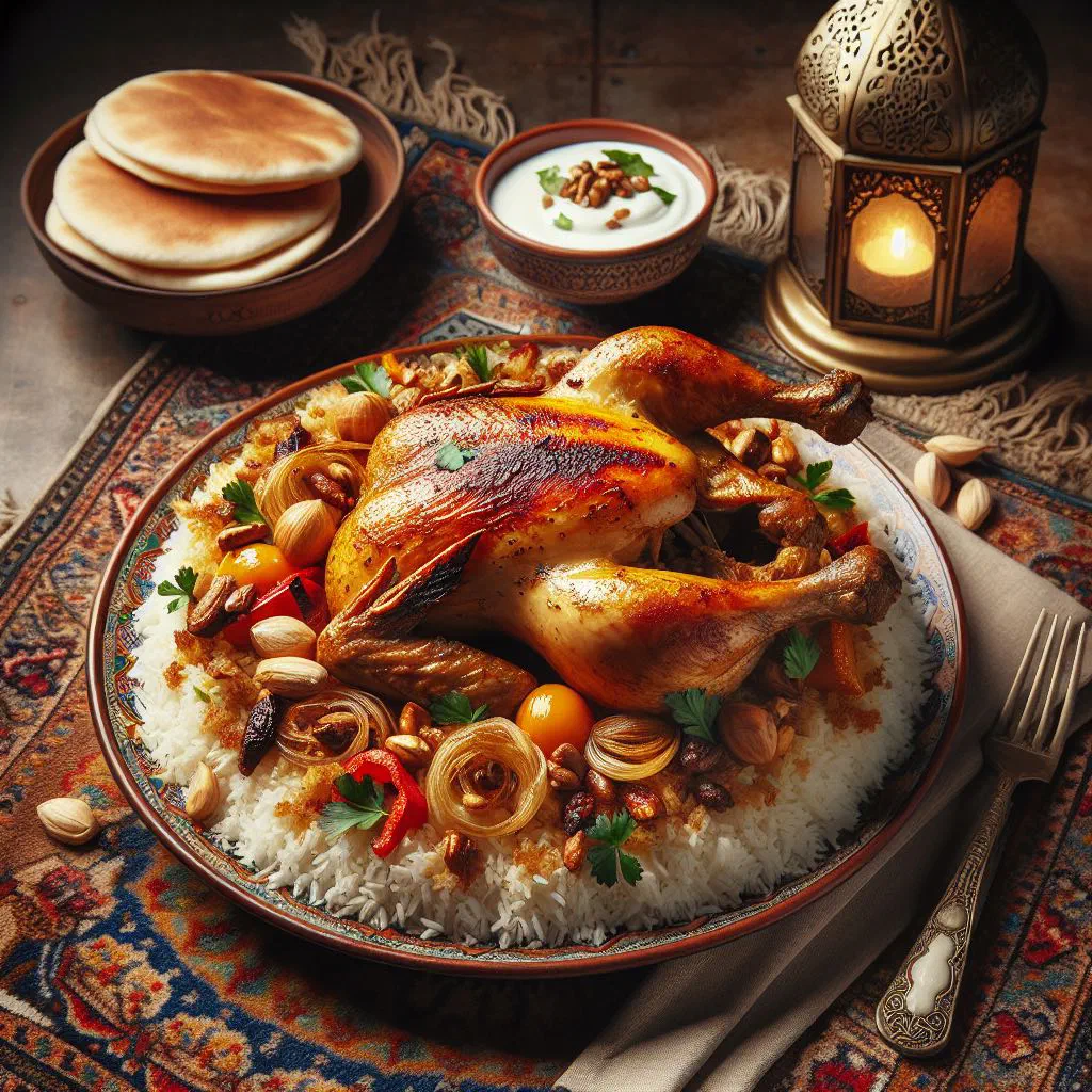 Upturned chicken and rice Farrouj Maqlouba garnished with fresh herbs