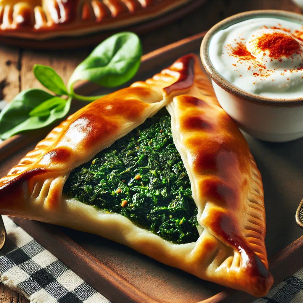 Golden triangular Jordanian spinach pies on a serving plate