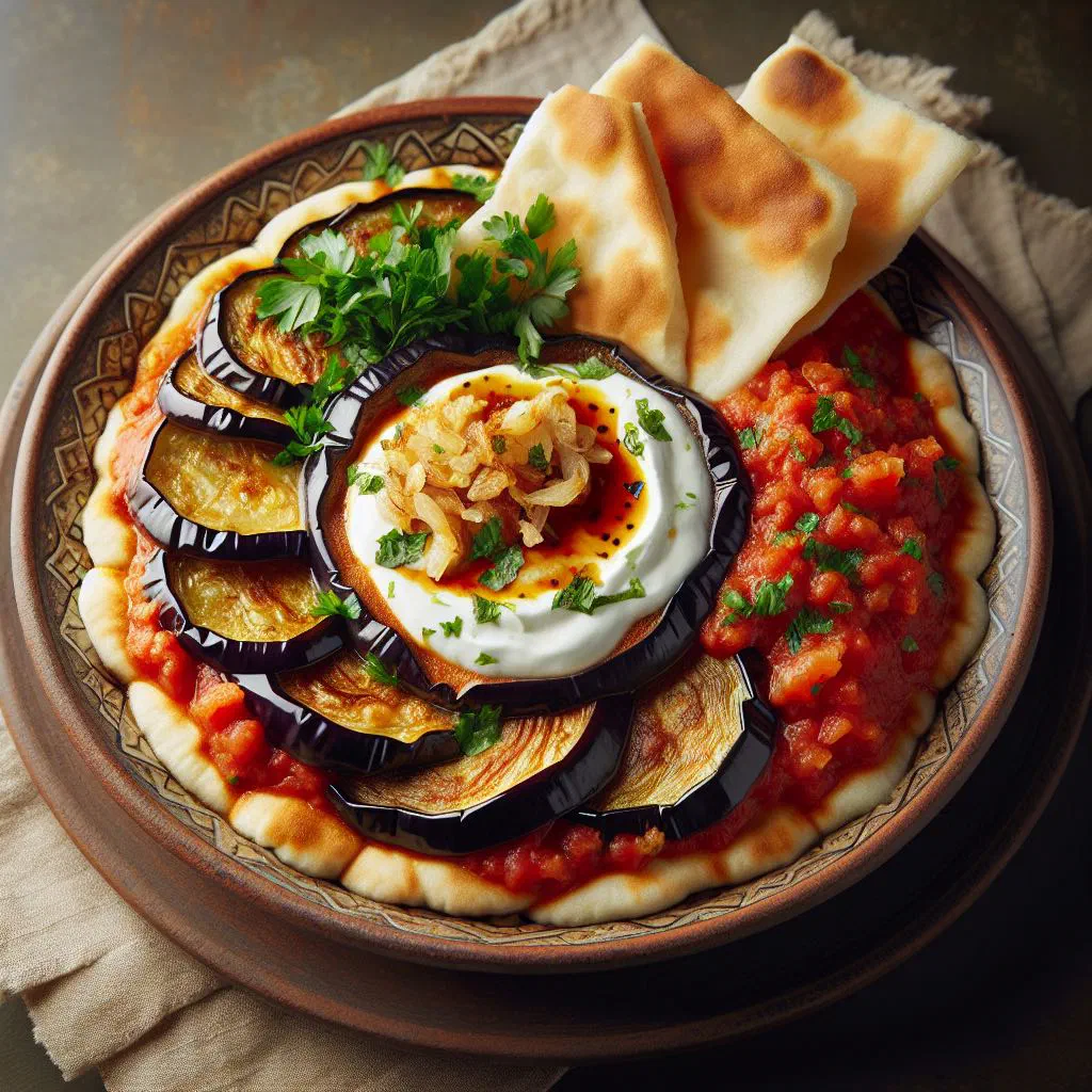 Fattat Betinjan with layered flatbread, fried aubergine and garlicky yoghurt sauce