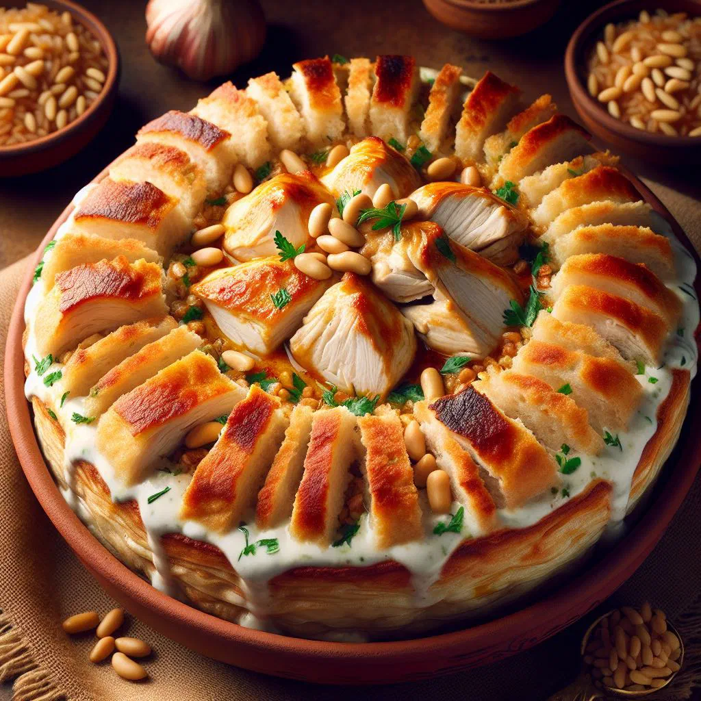 Fattet dajaj with shredded chicken, crisp flatbread and yoghurt garnished with parsley