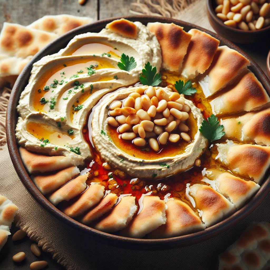 Fattet hummus with crisp flatbread, creamy hummus and spiced chickpeas