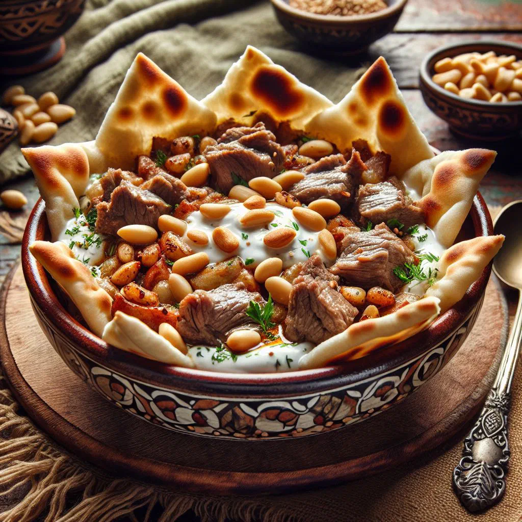 Fattet lahme with tender lamb over toasted flatbread and yoghurt