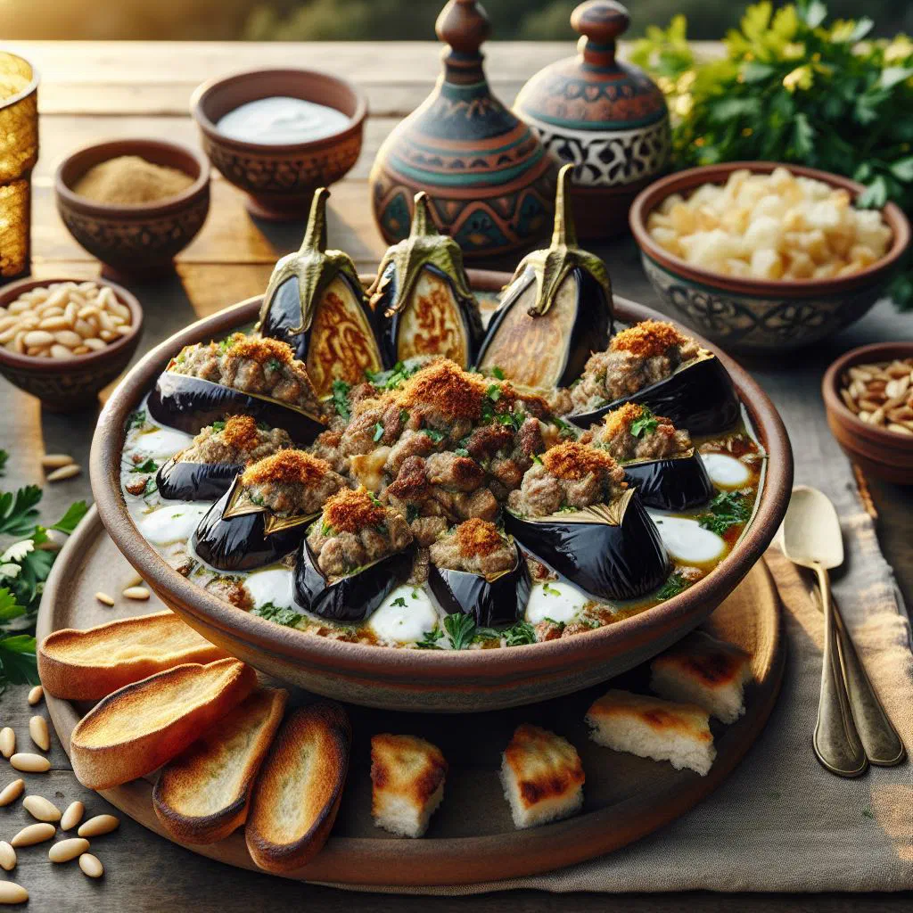 Fattet Magdoos with golden aubergine, garlicky yoghurt and toasted flatbread