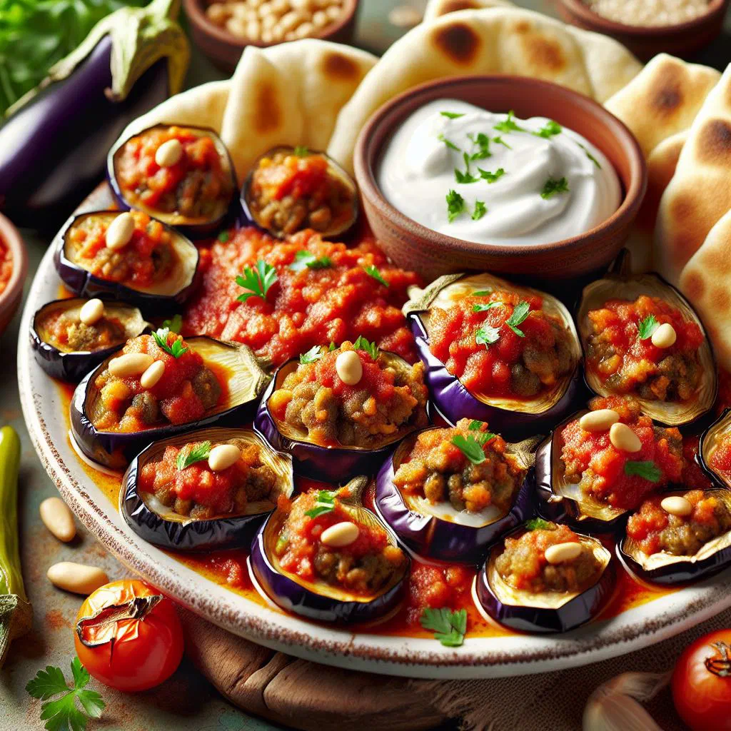 Fattet Makdous with fried aubergine, spiced minced meat and creamy yoghurt over torn flatbread