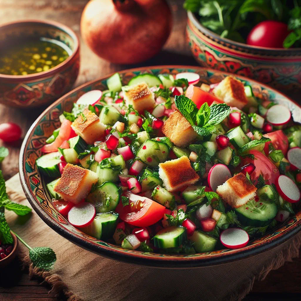 Fattoush salad with tomatoes, cucumber, herbs and crisp flatbread
