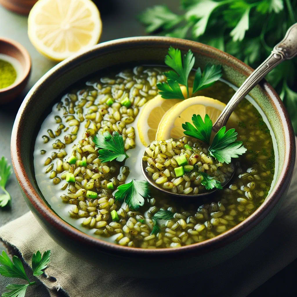 A bowl of Jordanian freekeh soup garnished with fresh parsley and lemon