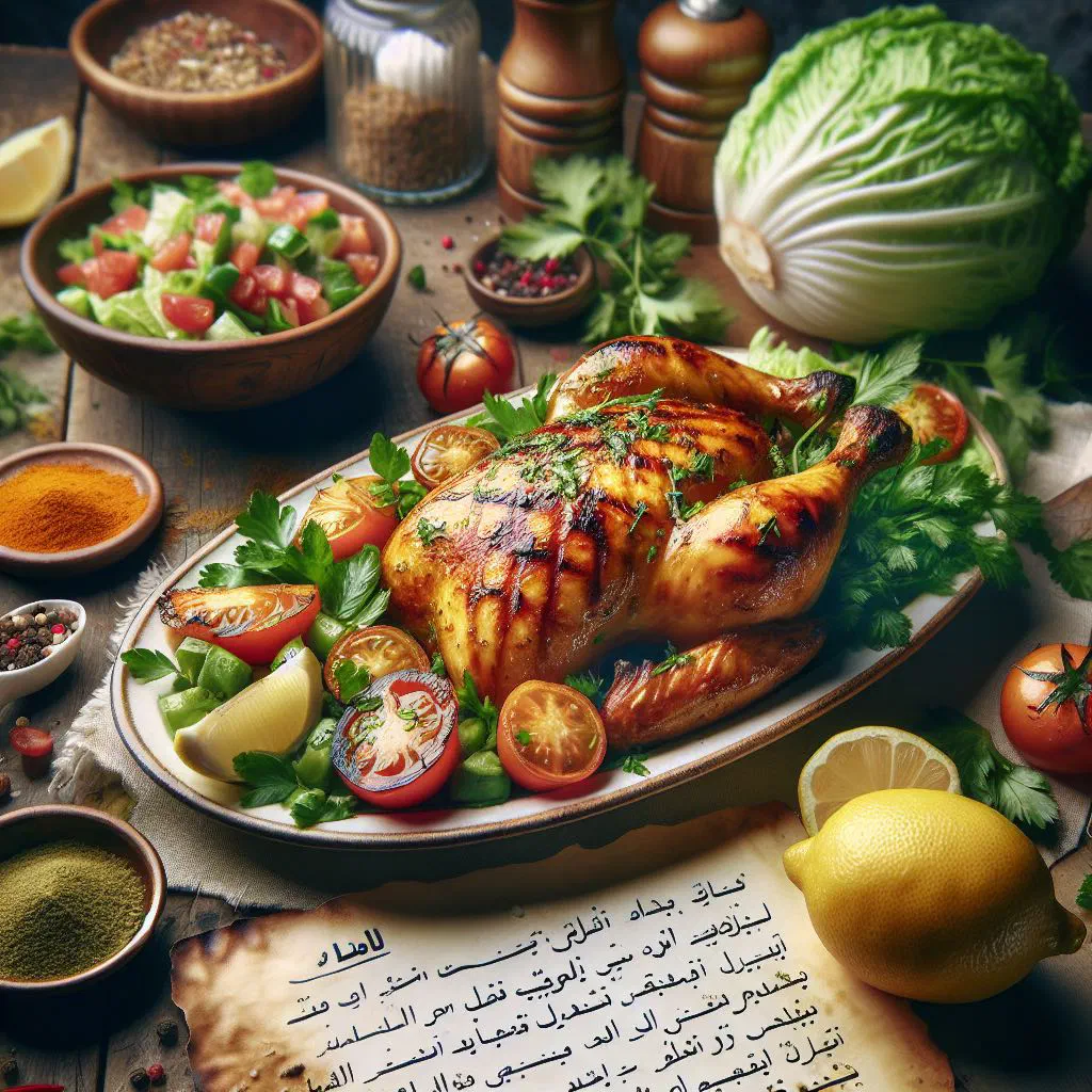 Golden grilled Jordanian chicken with flatbread and fresh herbs