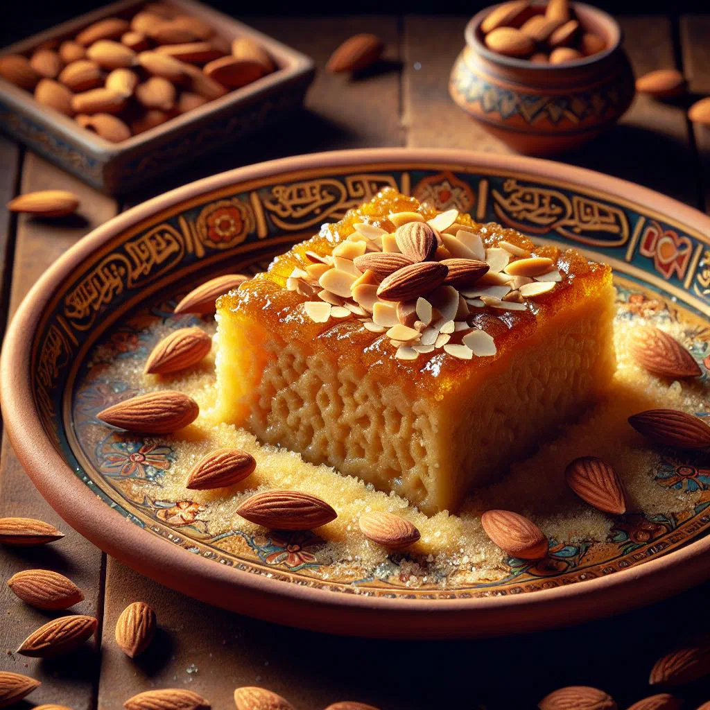 Creamy semolina hareeseh bel joz topped with chopped almonds and cinnamon