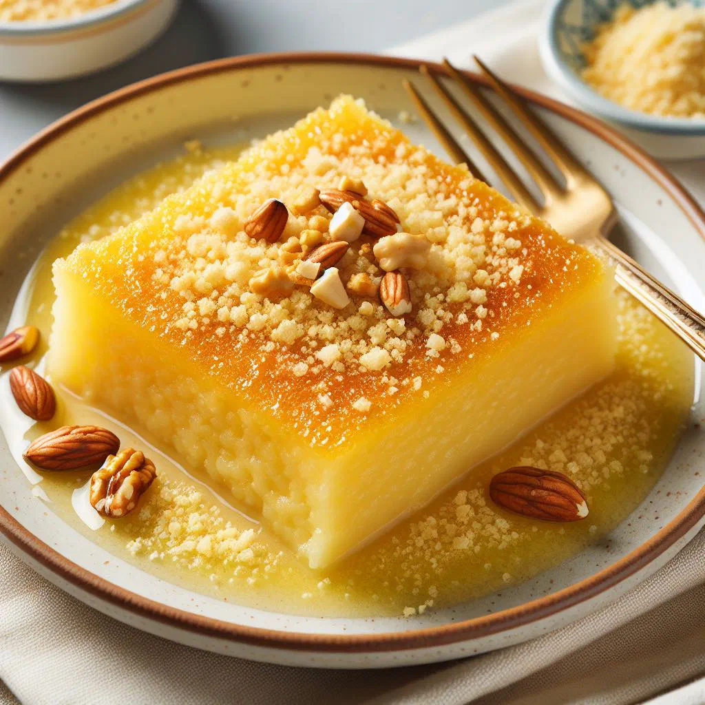 Bowl of Jordanian hareeseh with tender meat and wheat semolina, garnished with fresh herbs