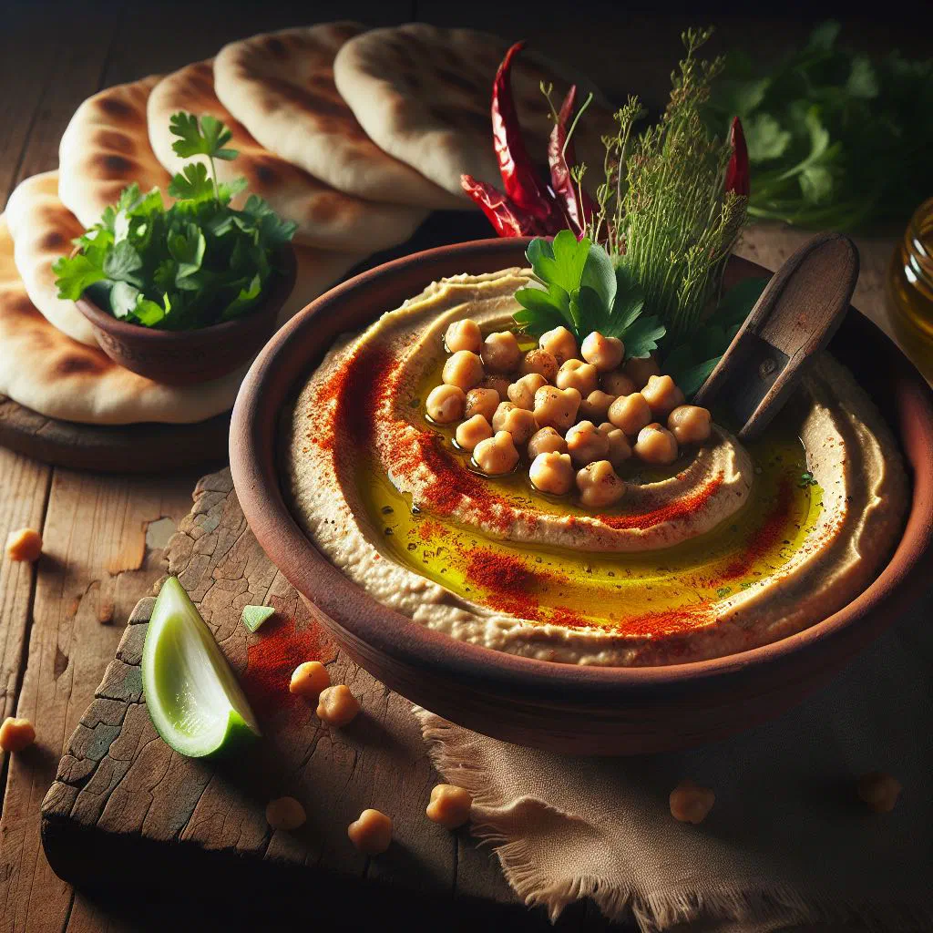 Bowl of creamy hummus drizzled with olive oil and sprinkled with paprika