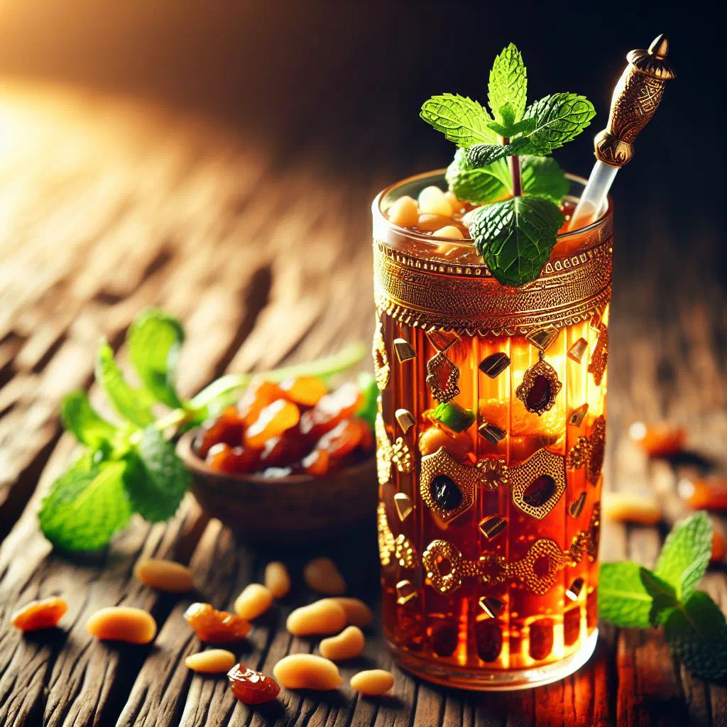 Tall glass of dark jallab syrup drink topped with pine nuts and raisins