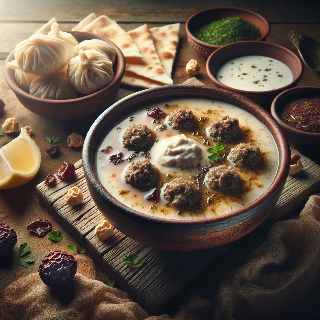 Bowl of creamy Jordanian jameed soup with tender lamb and fresh parsley