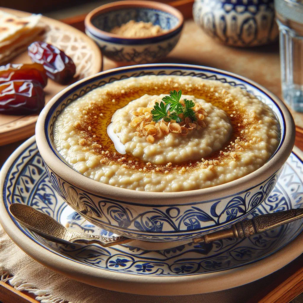A bowl of Jareesh with tender meat and cracked wheat, garnished with fresh herbs
