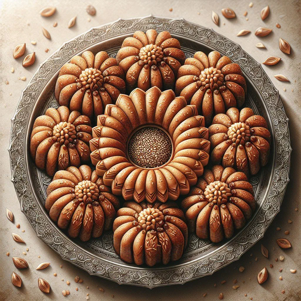 Round Ka'ak El Eid cookies filled with spiced nuts on a decorative plate