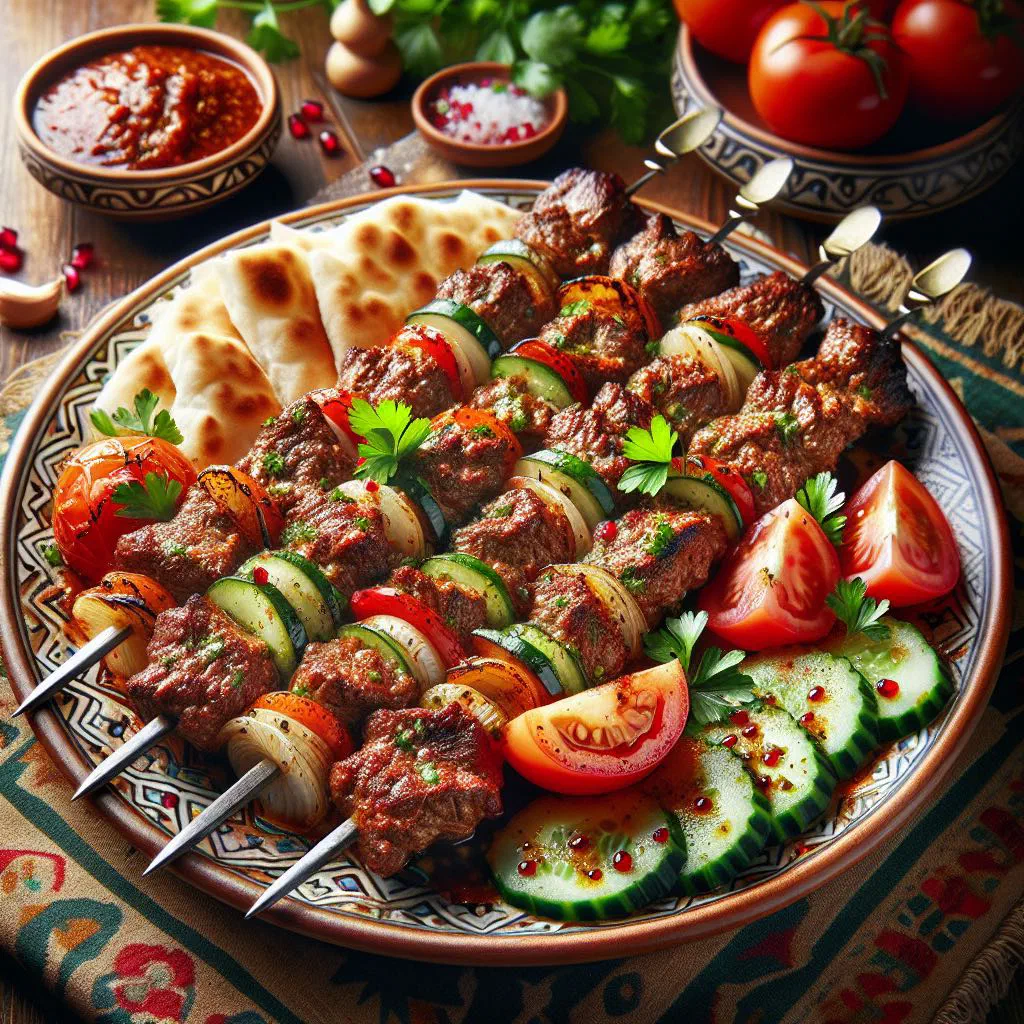 Grilled kabab orfali lamb skewers served with flatbread and fresh vegetables