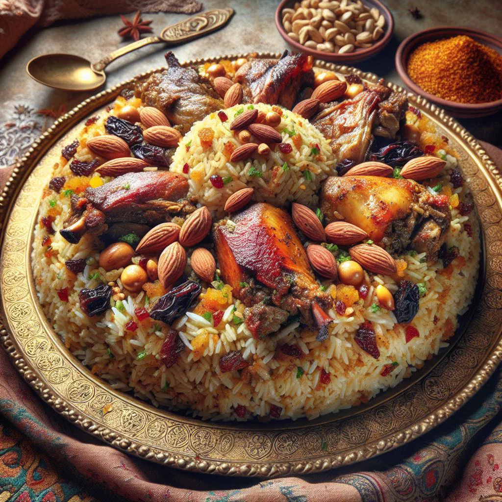 Spiced kabsa rice with tender chicken, almonds and raisins on a platter