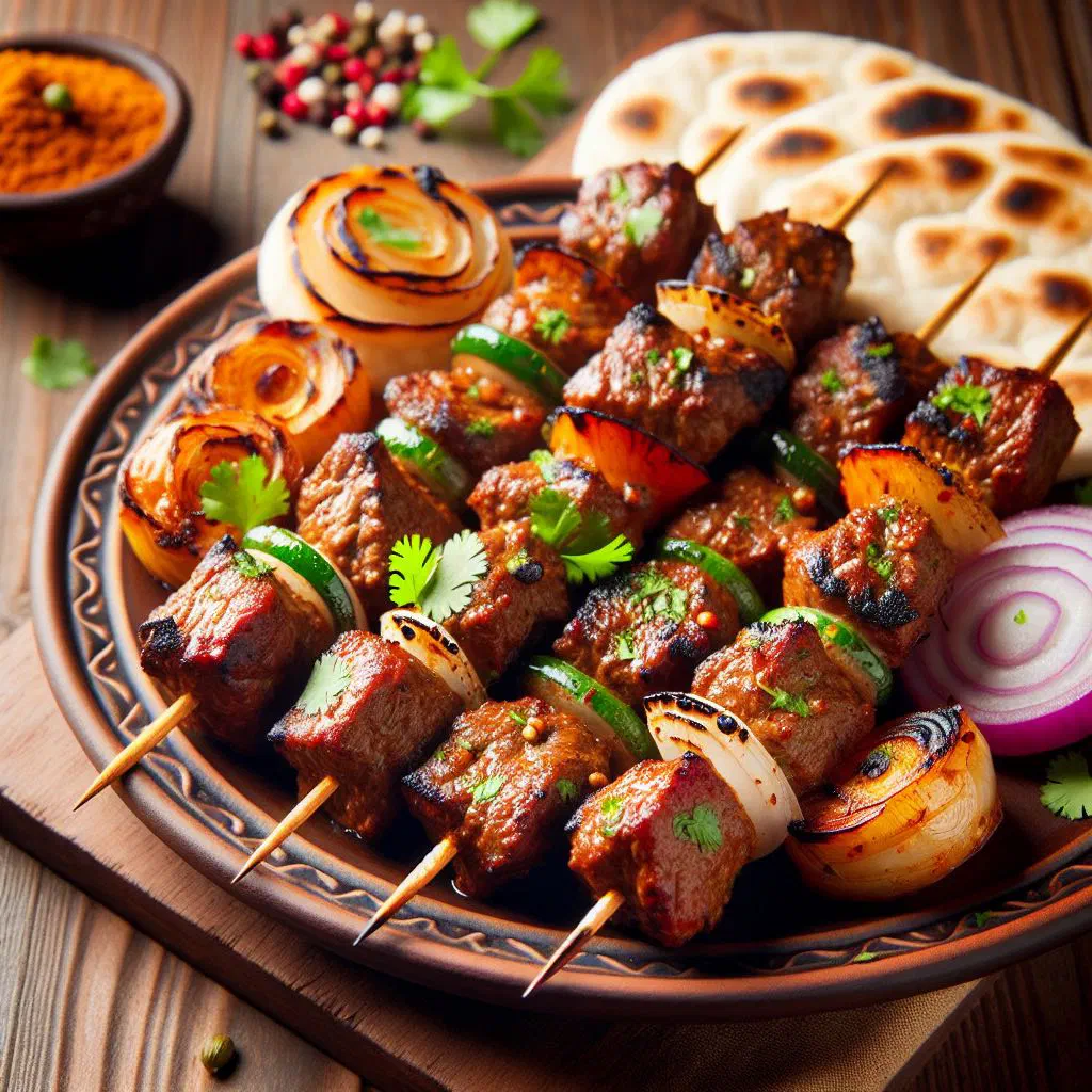 Grilled kebab hindi skewers with flatbread and fresh herbs