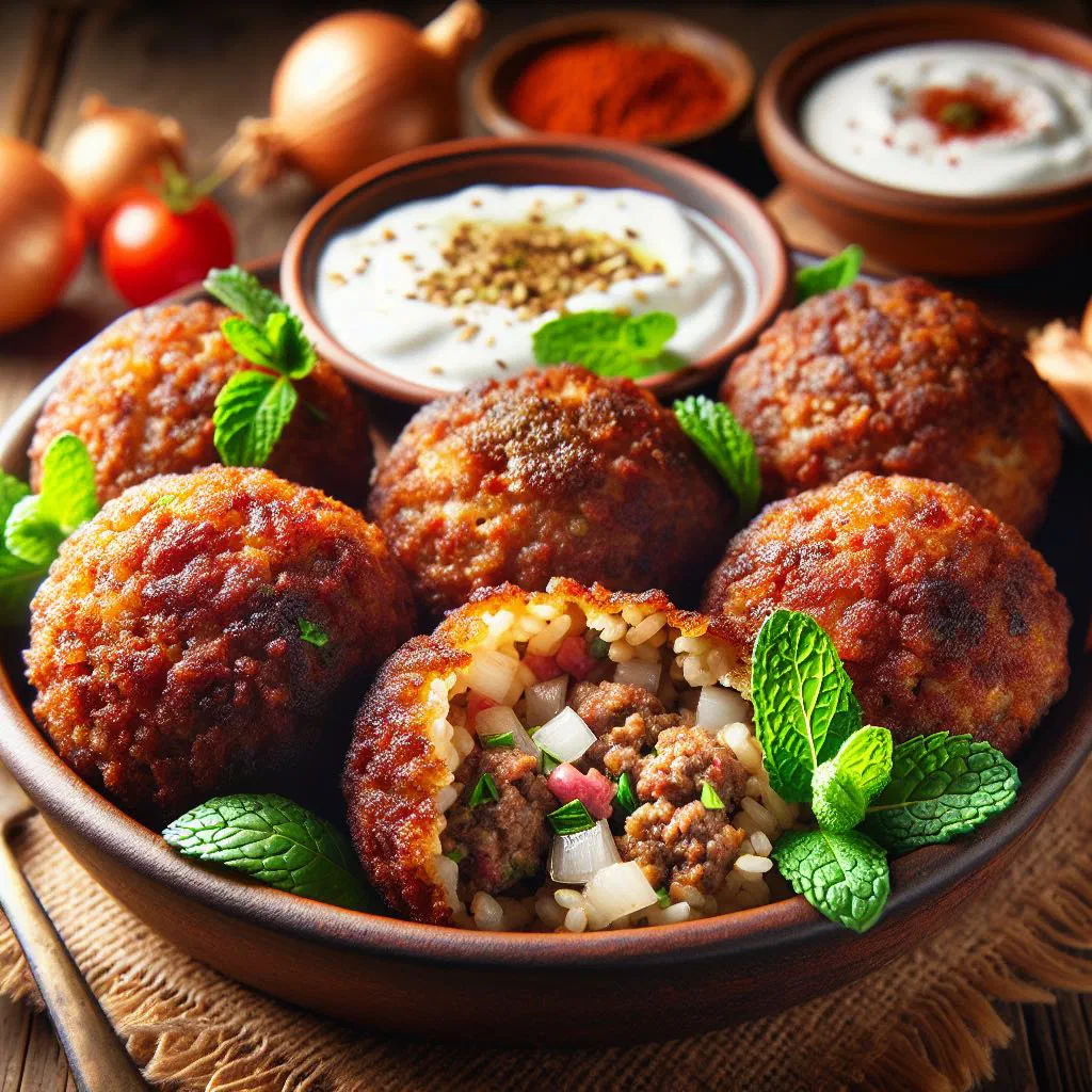 Golden fried kebbeh with a crisp bulgur shell and spiced meat filling