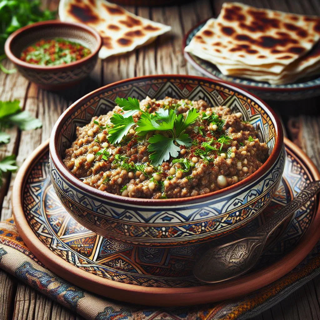 Khashkhash with tender spiced meat garnished with fresh parsley